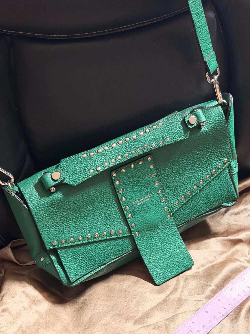 New LIA NUMA Black Studded Moto-Inspired Crossbody Handbag Purse *ITALY